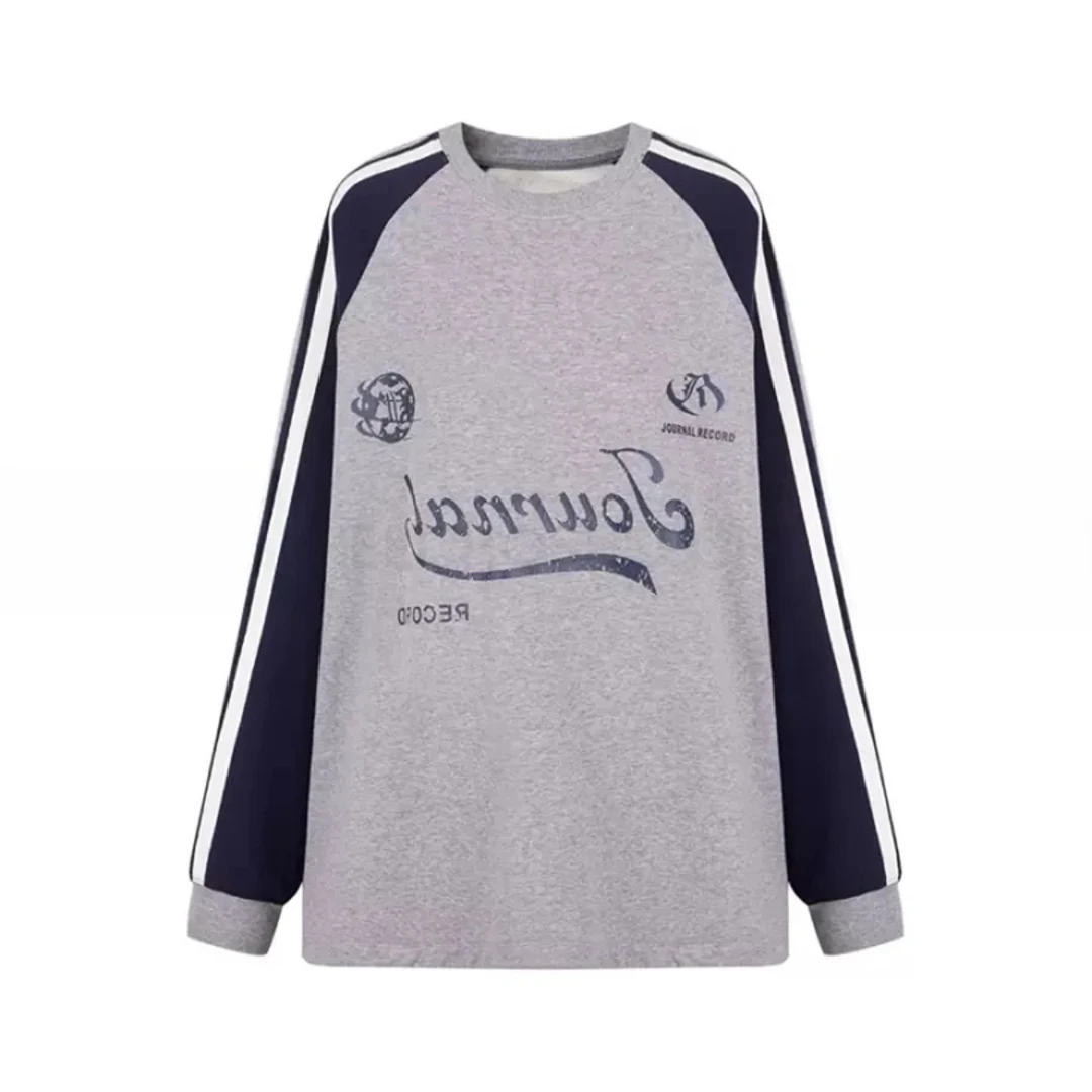 Journal Record 24秋冬新款拼色插肩袖印花套头卫衣设计师品牌