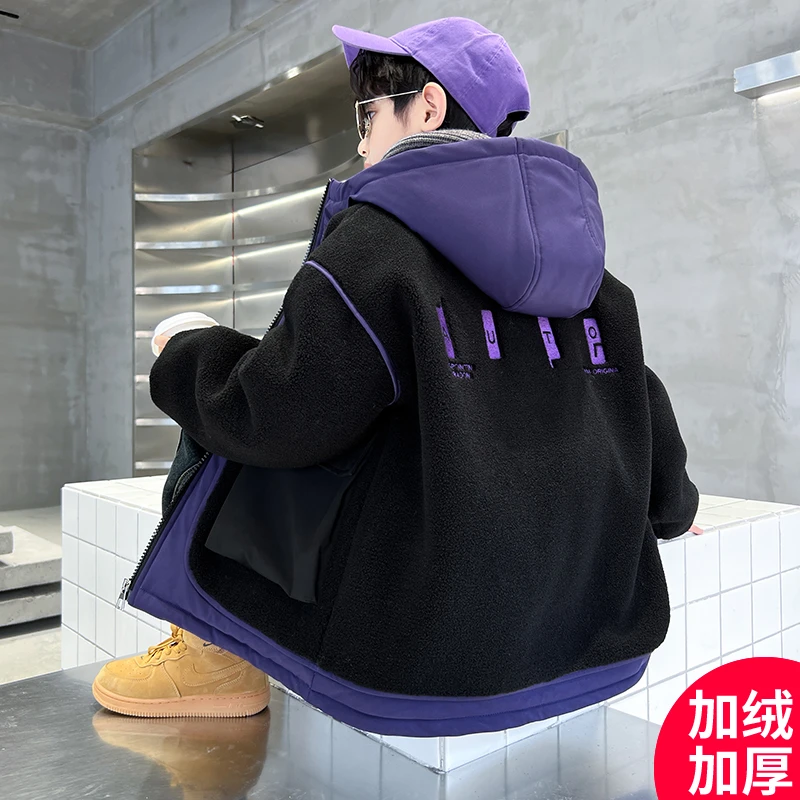 巴拉优选男童冬装羊羔绒外套2023新款加绒加厚冬季中大童儿童男