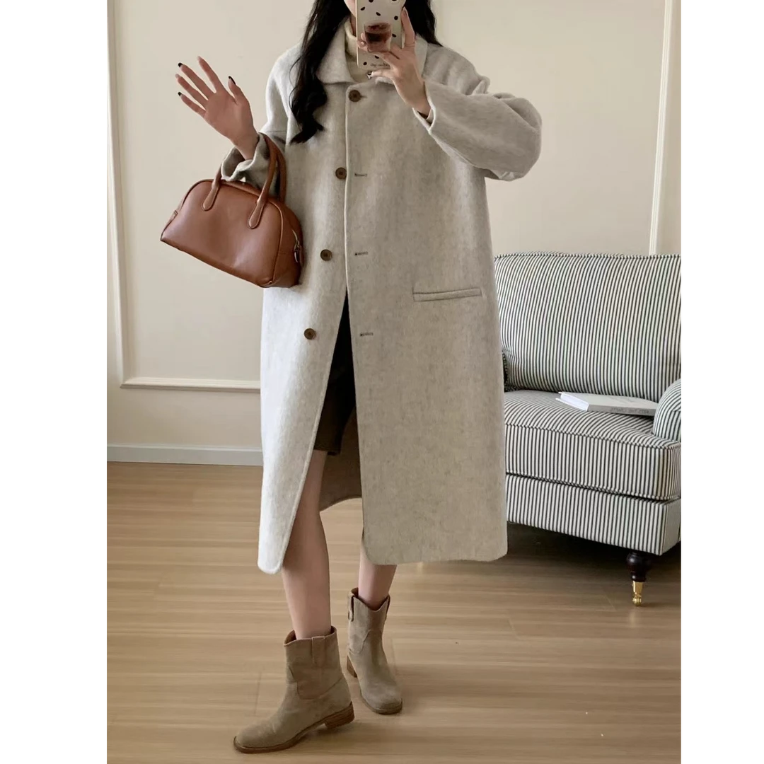 【怦然心动】原创新款秋冬中长款翻领双面羊毛大衣气质高级毛呢外套
