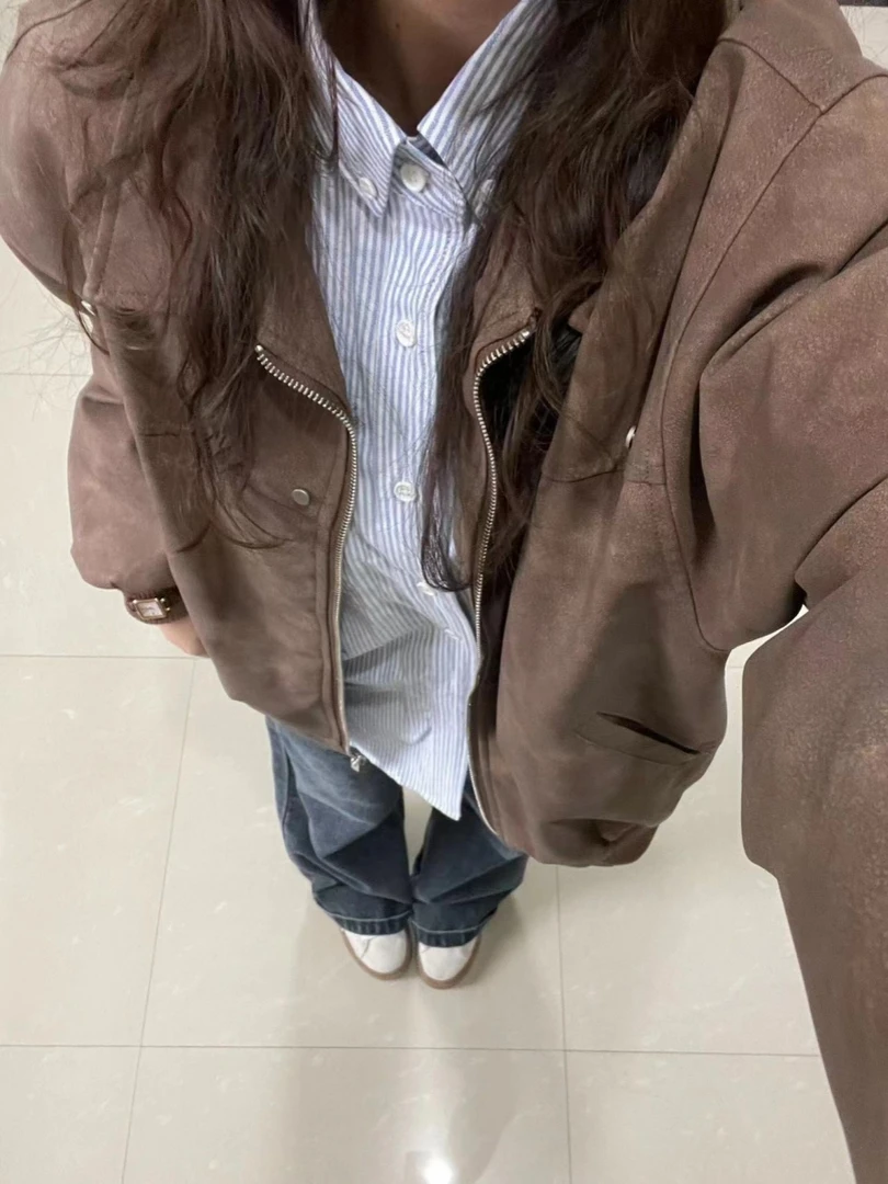 美式复古棕色翻领皮衣外套女秋冬款2024新款高级感麂皮绒情侣夹克