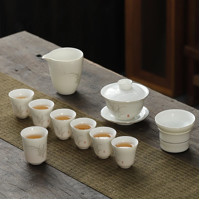 麦城羊脂玉瓷茶具暗香银兰