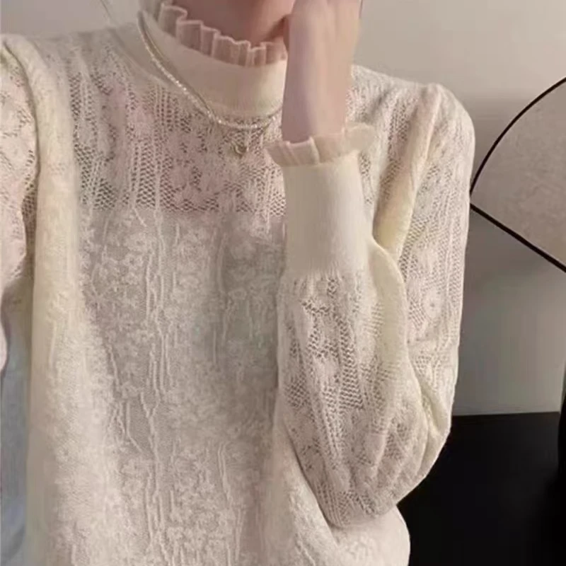 时尚洋气蕾丝半高圆领打底衫秋冬时髦高级感显瘦上衣针织衫女内搭