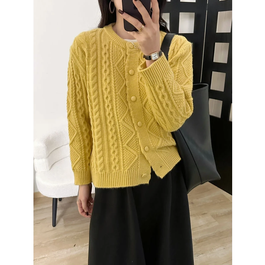 麻花圆领毛衣外套女2024秋冬新款宽松慵懒风外穿上衣加厚针织开衫