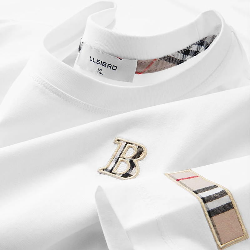 温纽旺潮牌字母刺绣丝光棉短袖t恤男装夏季百搭冰丝圆领半袖衬衫