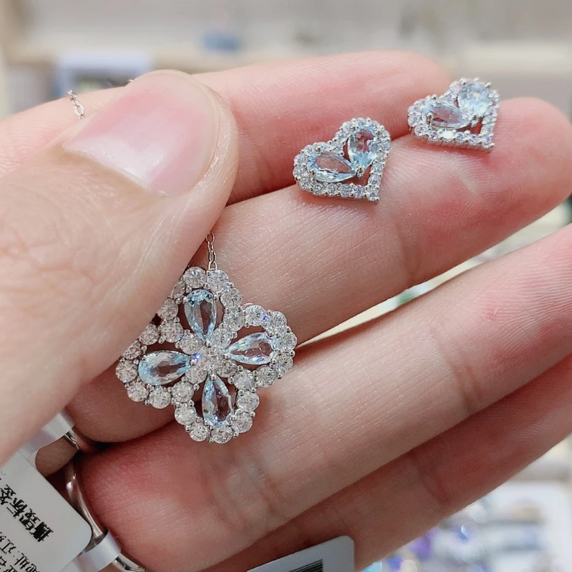 【闪购商品】海蓝宝石颈饰银S925镶嵌殇*耳钉项链