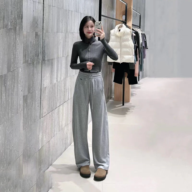 0135新款显瘦拼接直筒卫裤秋冬高腰休闲长款女