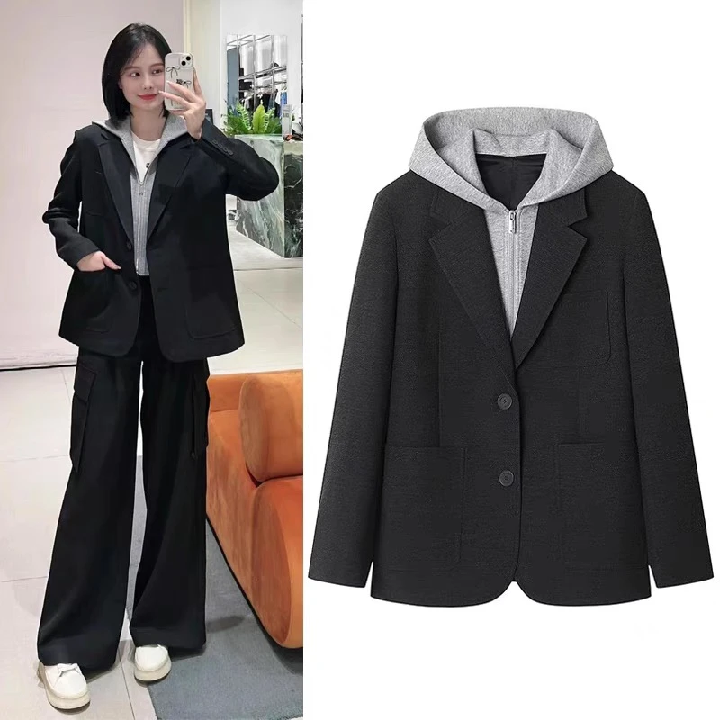 5691假两件垫肩西服上衣服2024秋冬可拆连帽西装外套女