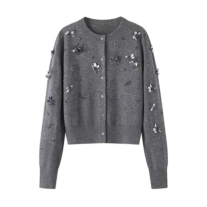 5221重工手工钉钻小香风开衫外套女2024秋冬季新品单排扣针织上衣