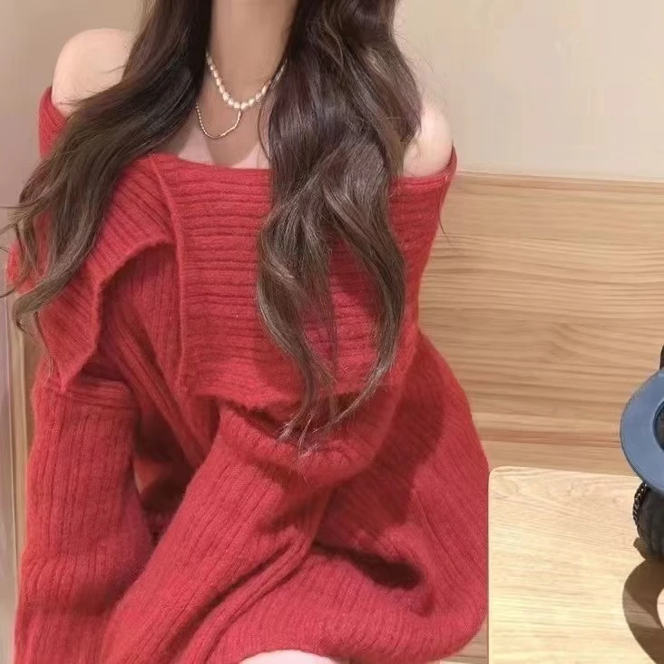 2024秋冬新款一字肩上衣高级感毛衣露肩女日系温柔软糯针织衫外套