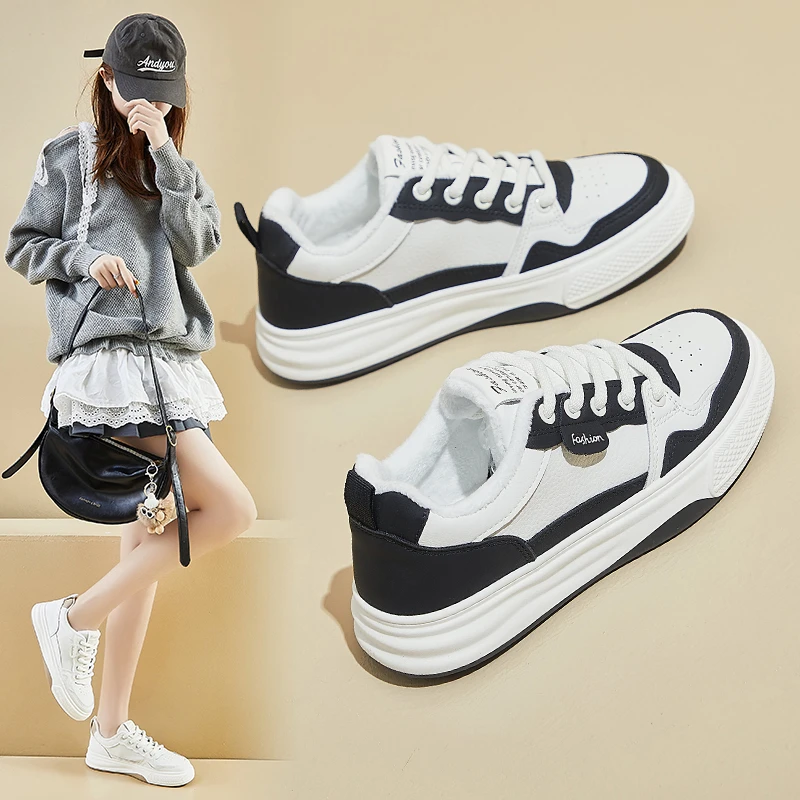 2024冬季加绒小白鞋新款时尚韩版ins女学生厚底板鞋休闲鞋保暖