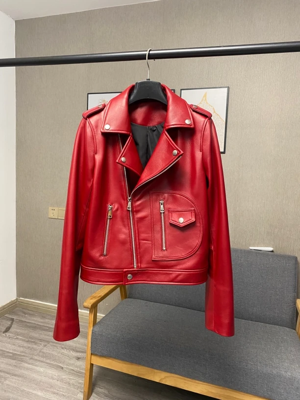 女士真皮皮衣短款修身绵羊皮机车夹克外套