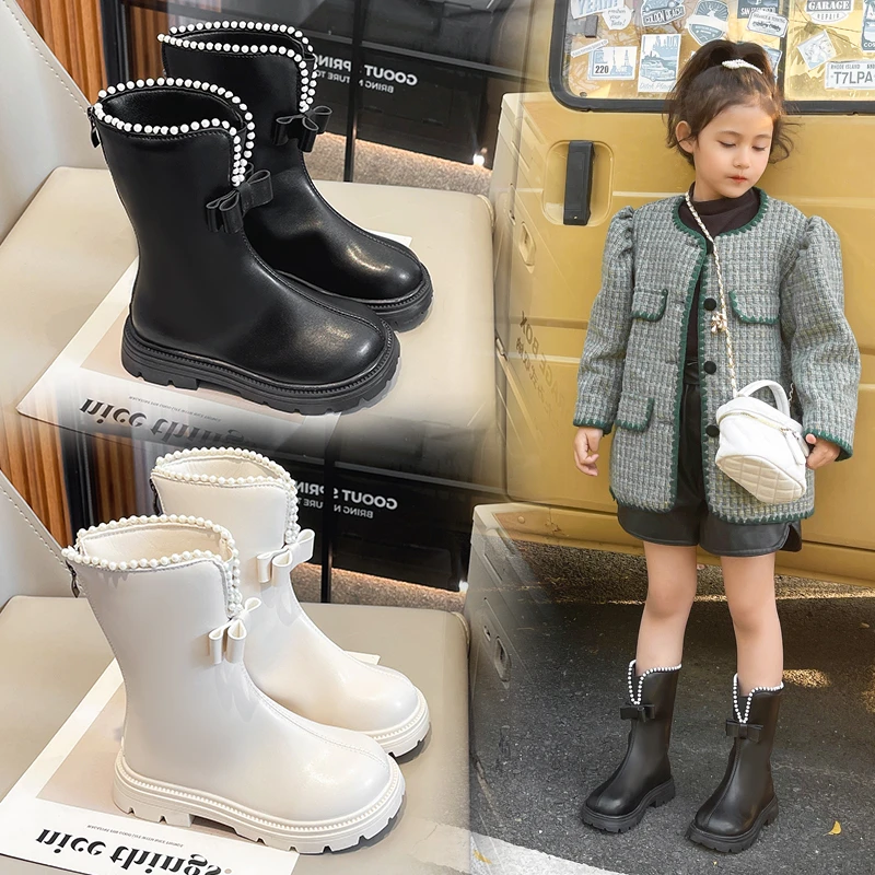 女童加绒长靴2023秋冬新款小女孩时尚中筒皮靴蝴蝶结珍珠公主棉靴