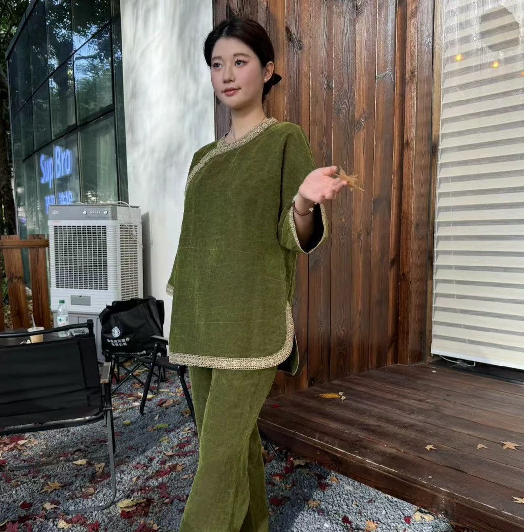 【菲菲设计款】香云纱 秋香绿龟休闲套装 满分桑蚕丝