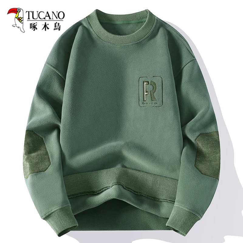 啄木鸟青少年加绒加厚圆领卫衣男士秋冬新款奥粒绒时尚潮流上衣