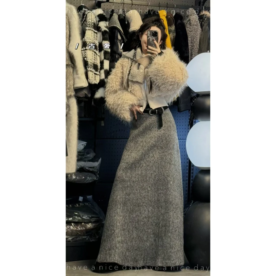 【三件套】韩版洋气时尚毛茸茸短款外套女休闲高腰显瘦半身长裙套装