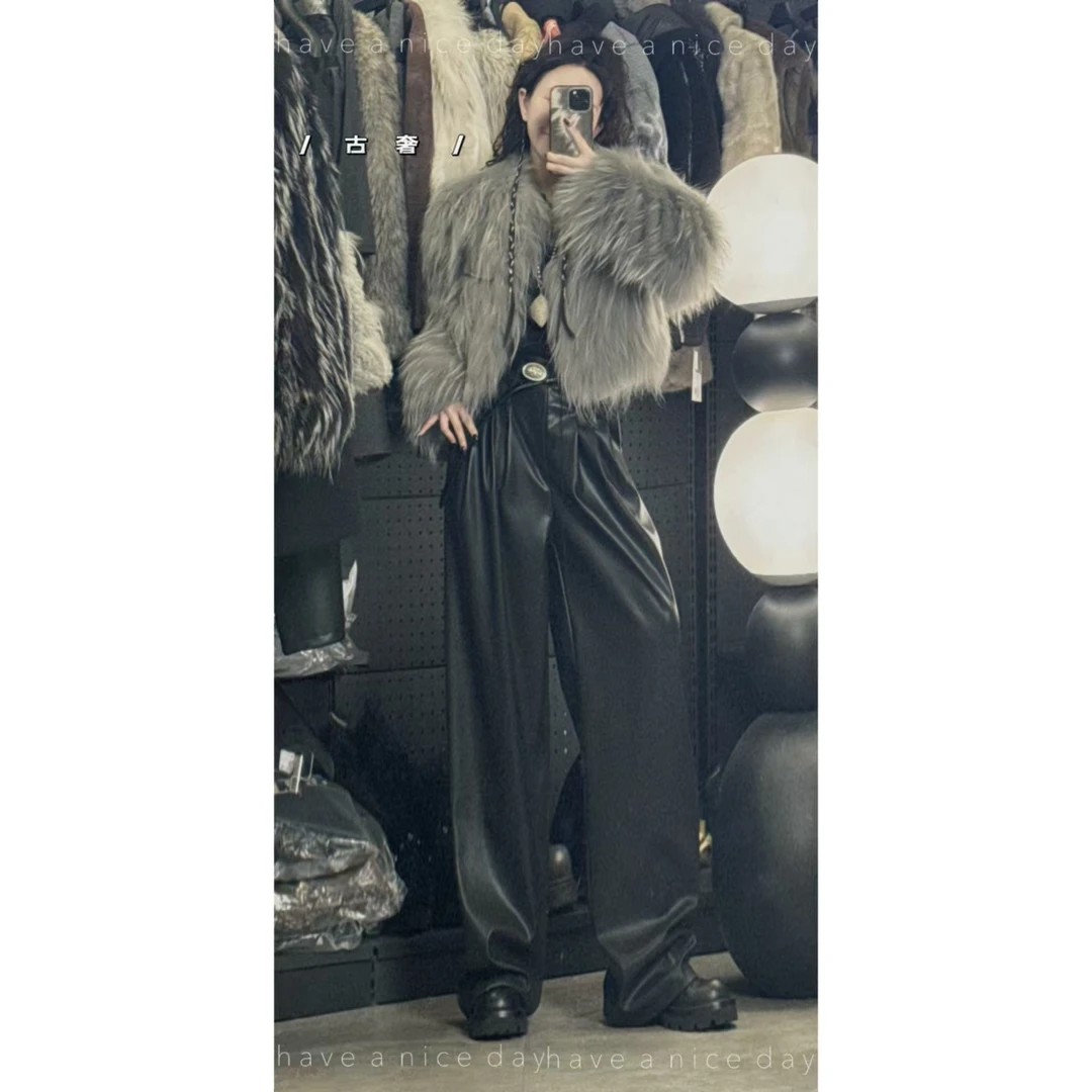 【三件套】冬季毛毛短款外套女设计感直筒阔腿裤子潮套装女