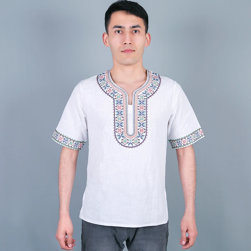 民族舞舞台服新款民族风刺绣透气棉麻男士时尚百搭休闲棉麻T恤