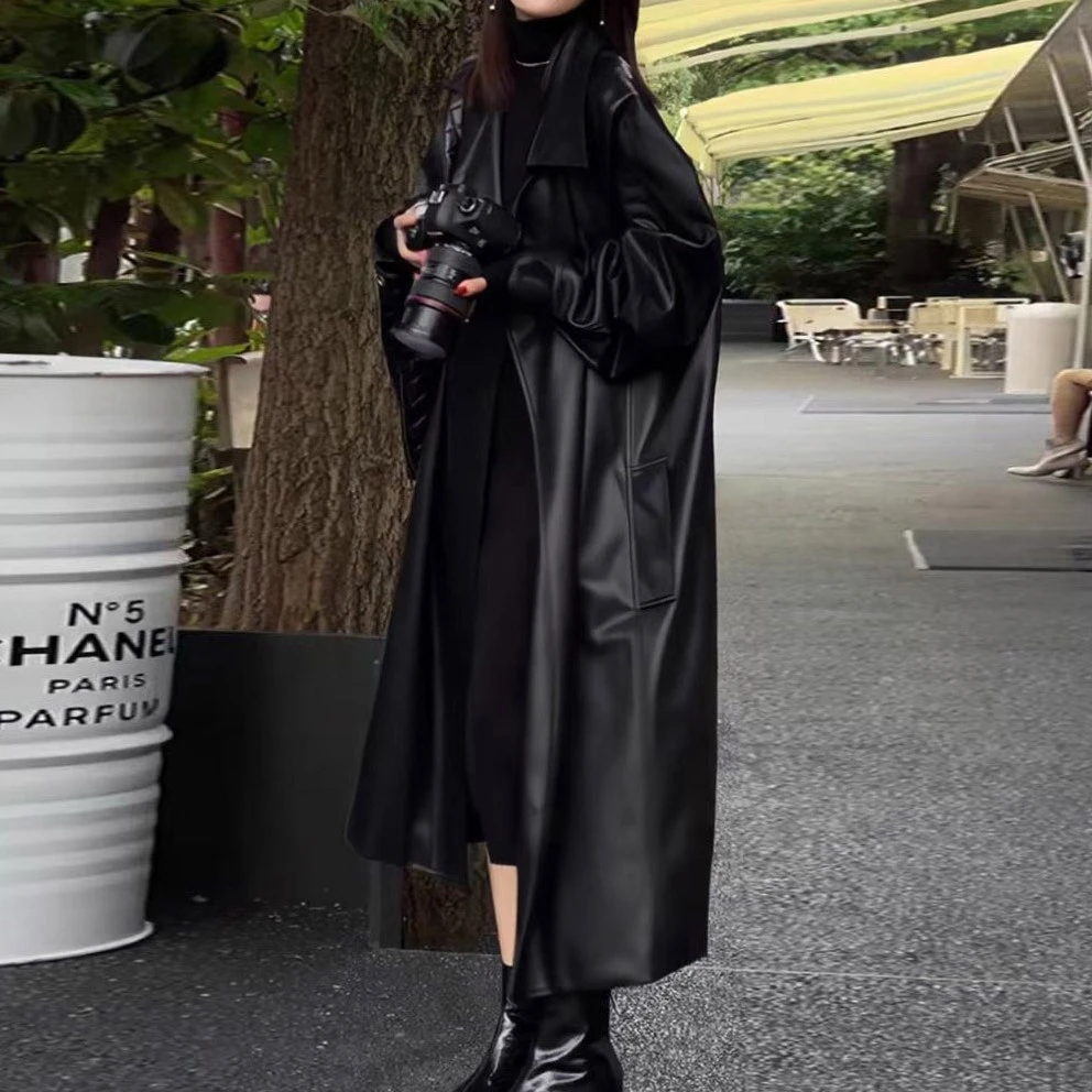 2025新款春秋气质英伦风皮衣风衣外套女长款宽松显瘦皮衣过膝大衣
