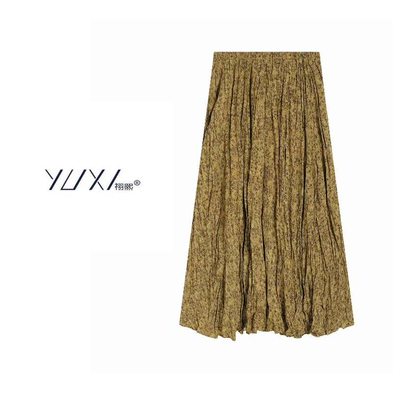 YUXI/祤熙复古褶皱碎花中长款半身裙百搭森系松紧腰显瘦