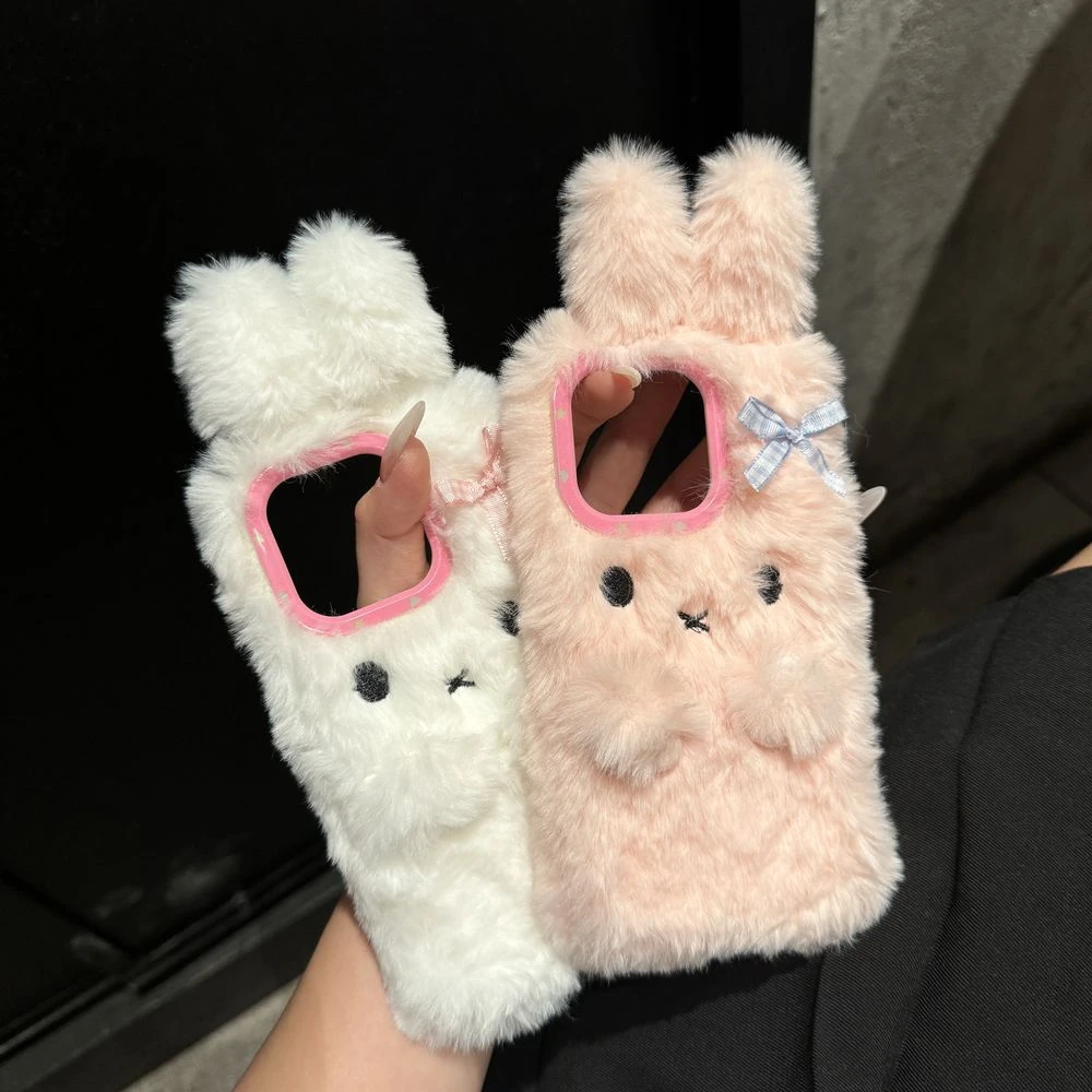 适用苹果16手机壳15秋冬新款14ProMax毛绒兔子13防摔女款12保护套