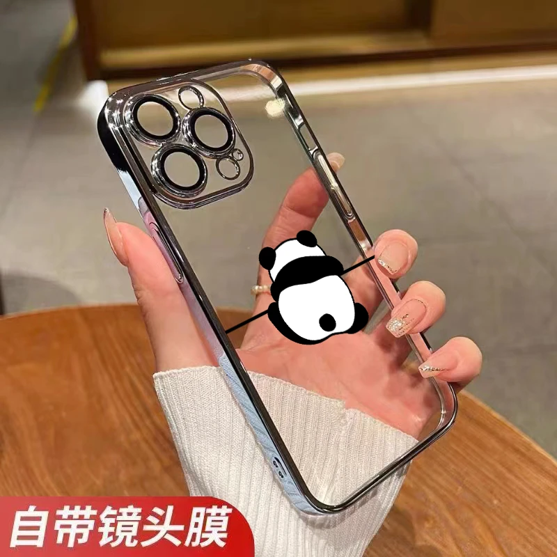 苹果15手机壳14promax自带镜头膜13电镀12透明11简约熊猫镜头全包