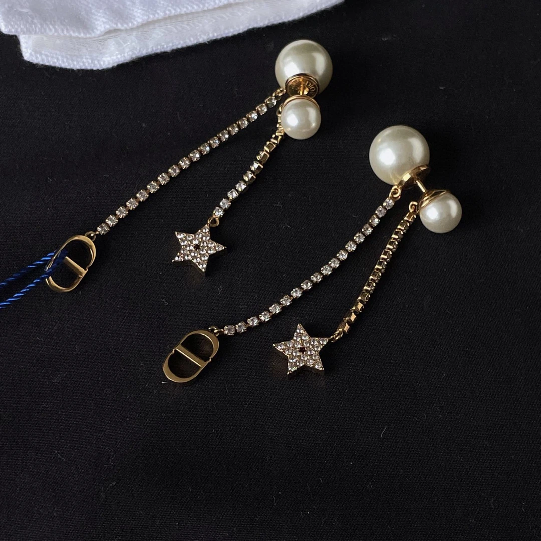 99新 DIOR/迪奥 星星水钻珍珠CD耳坠JM10-1044