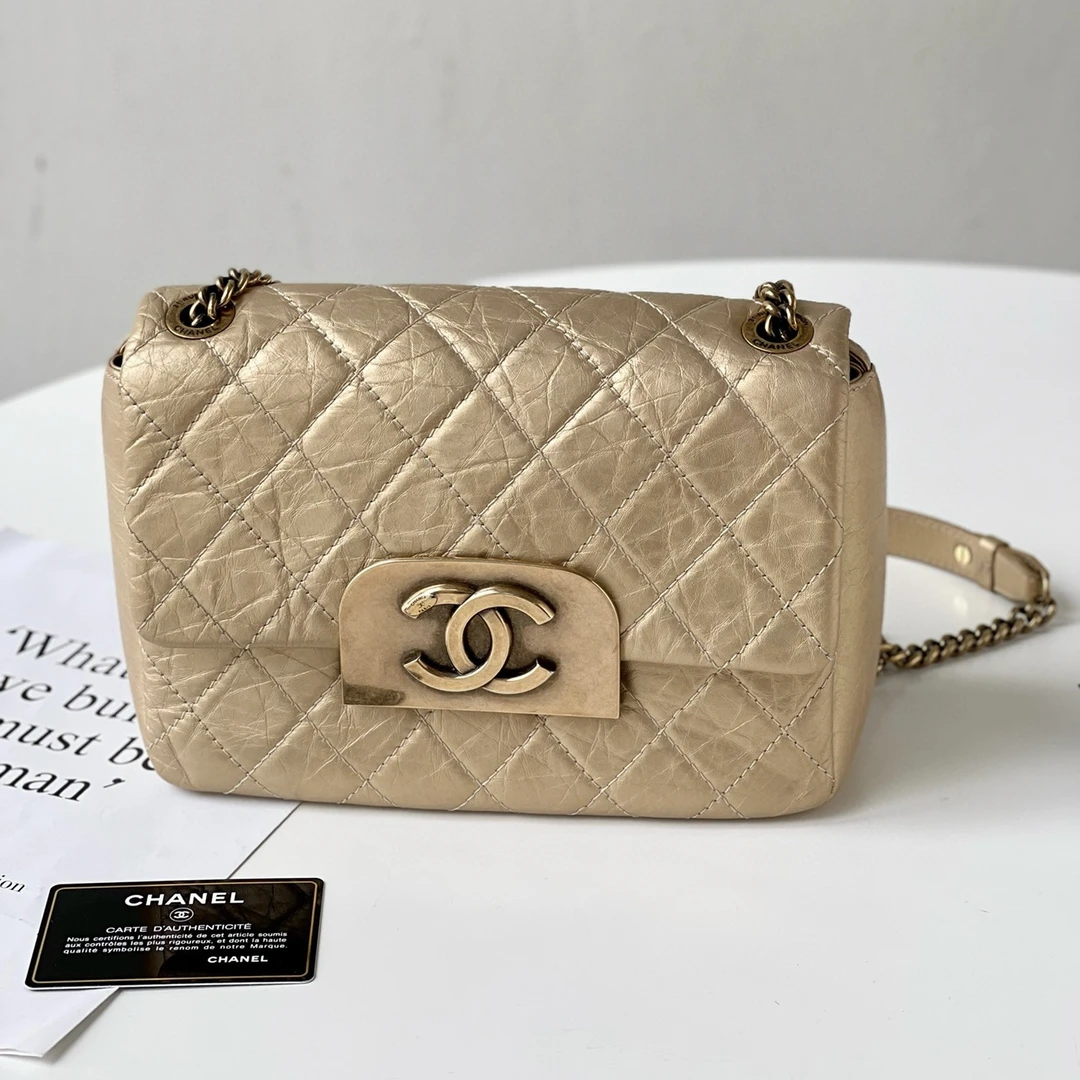 99新 Chanel/香奈儿 褶皱金色链条包 thk-0338