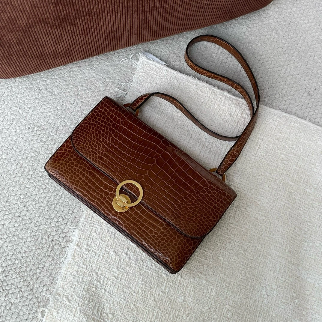 99新 Hermes/爱马仕 金棕金扣R刻鳄鱼皮ring腋下包中检JM10-1372