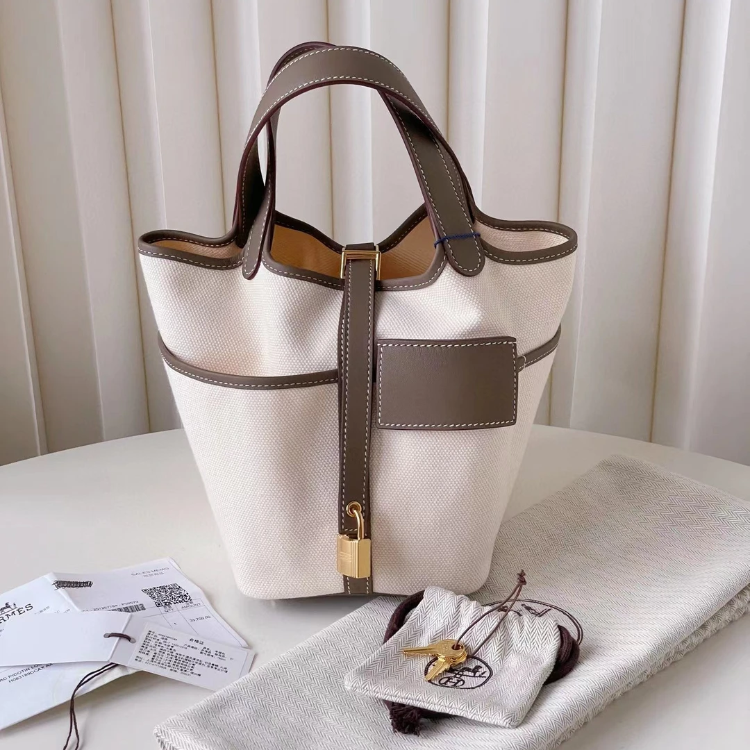 99新 Hermes/爱马仕 奶昔白拼大象灰金扣菜篮子18 B刻 JM2-6347