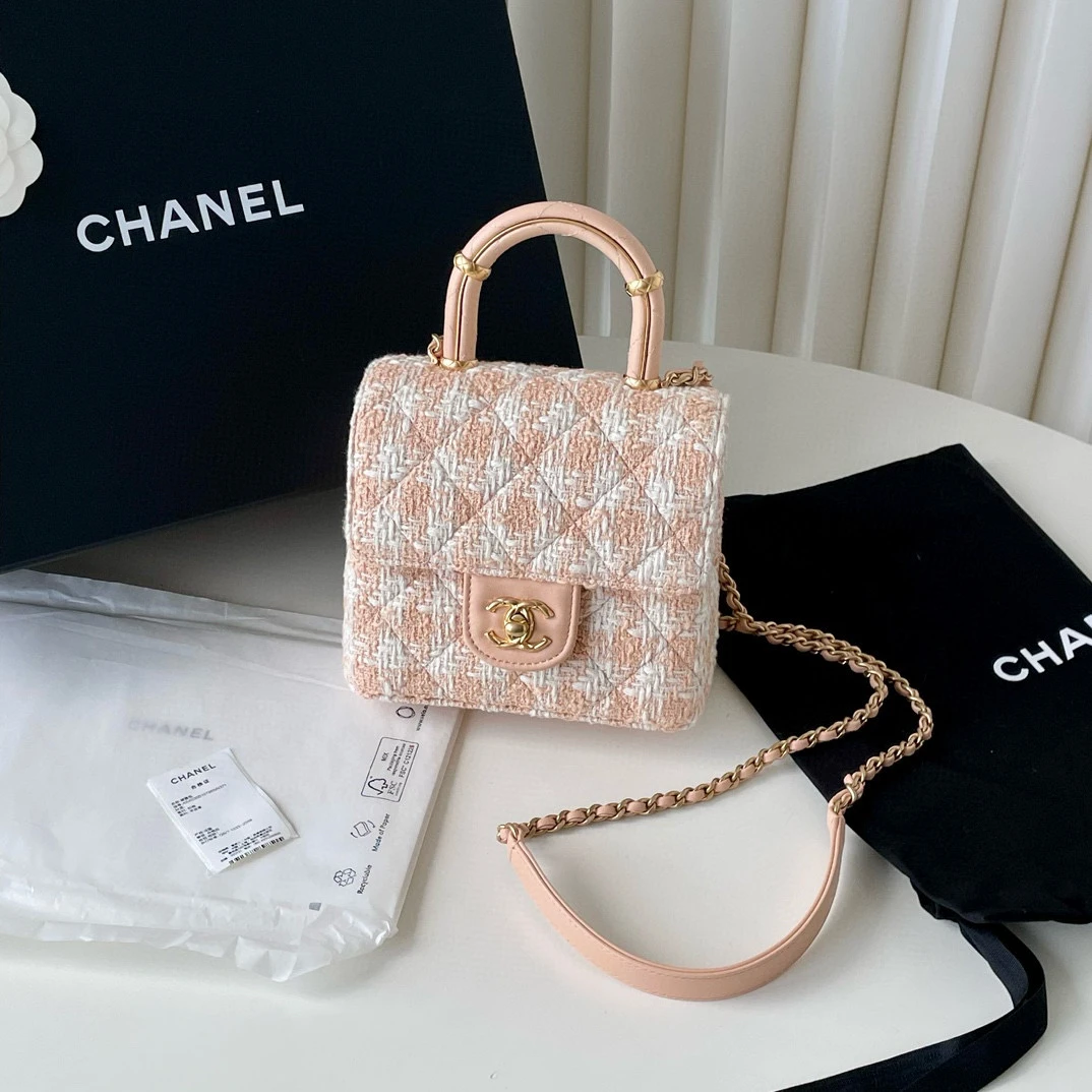 99新 Chanel/香奈儿 23s 肉粉色粗毛呢手柄单肩包 jm2-5395