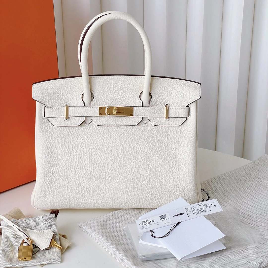 99新 Hermes/爱马仕 birkin30奶油白金扣togoJM12-0299