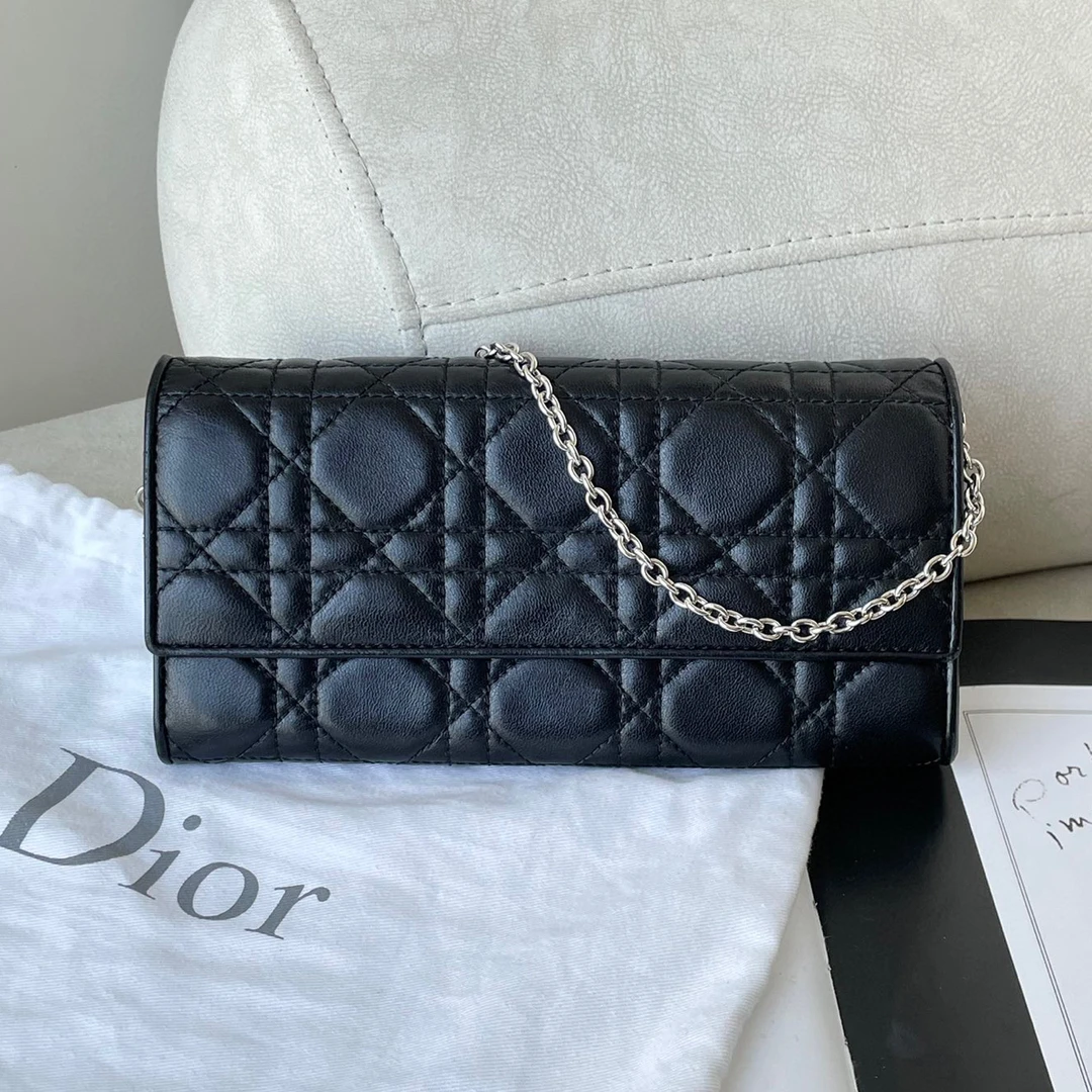99新 DIOR/迪奥 菱格长款钱包黑银 JM12-0895