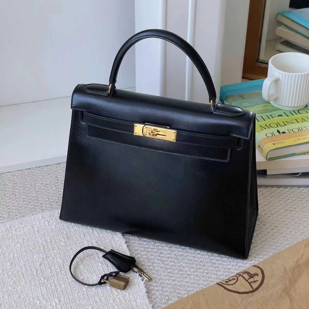 95新 Hermes/爱马仕 jm2-6520黑金box皮kelly28手提单肩包圈O刻