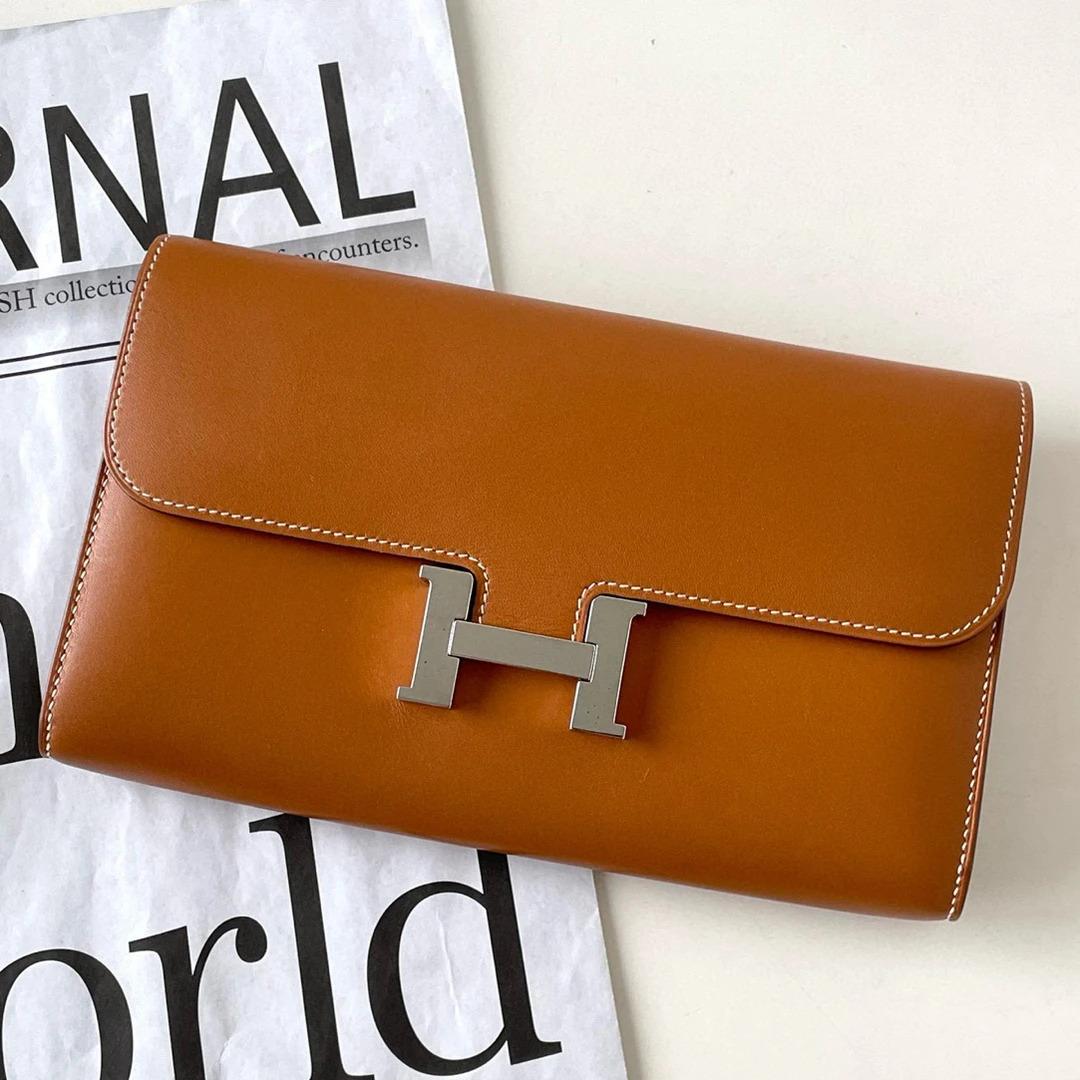 99新 Hermes/爱马仕 康康长钱包 金棕银扣 CG6-0176