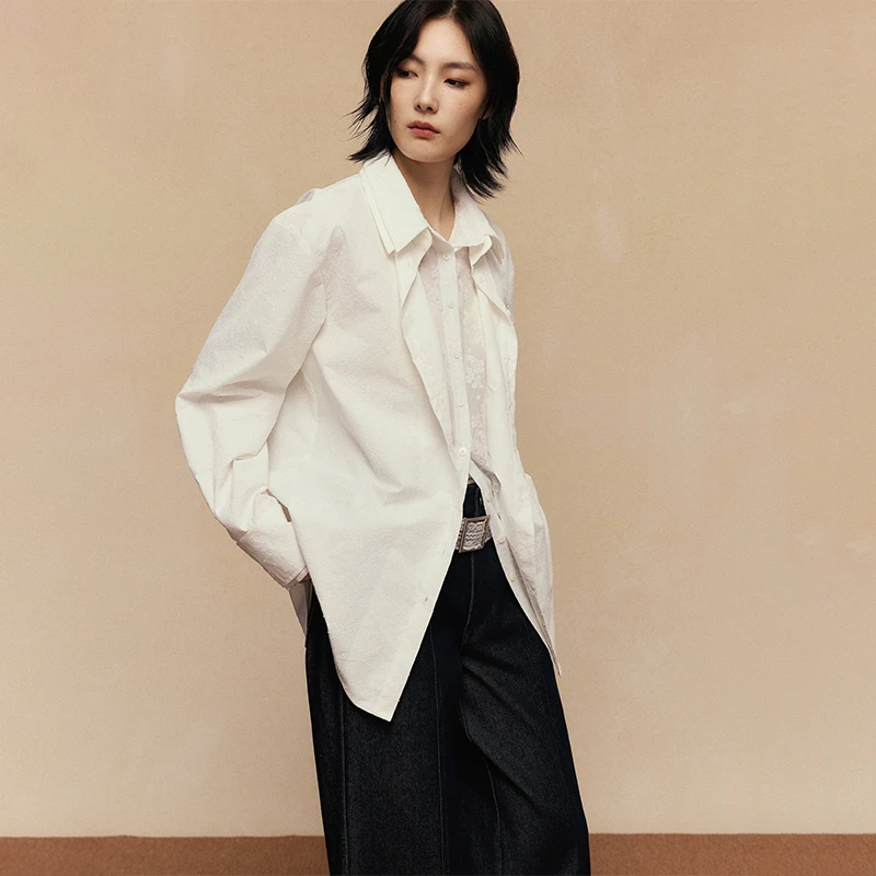 ACOSEY 24AW原创设计面料蕾丝双层领设计假两件衬衫CS975