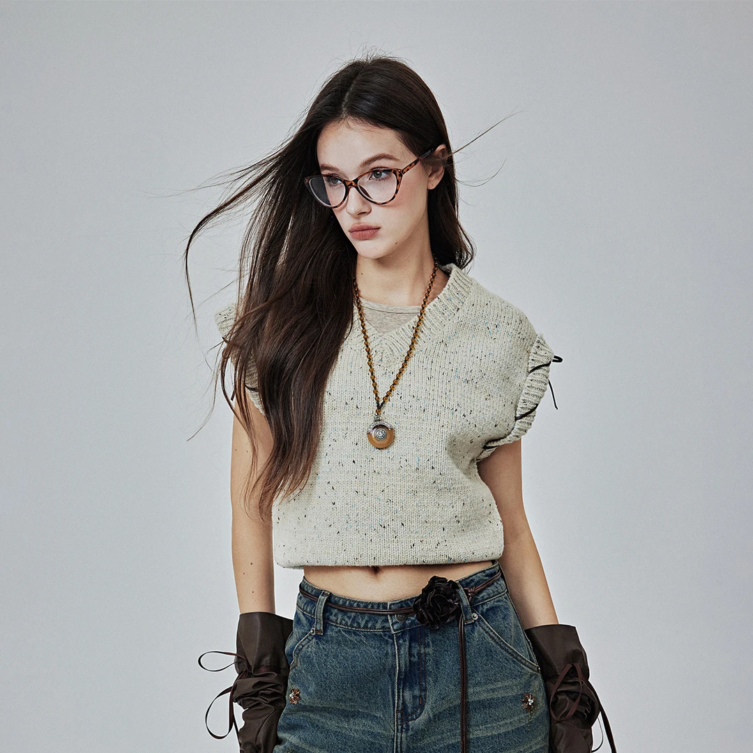 ACOSEY 24AW复古羊毛彩点粗针收腰手工穿绳背心马甲毛衣 MY905