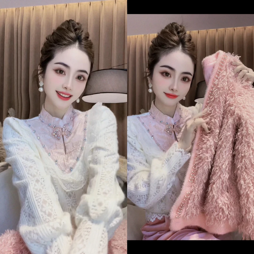 SS.studio/双双：烟花风月”冬季新款名媛高级感新国风盘扣蕾丝衬衣