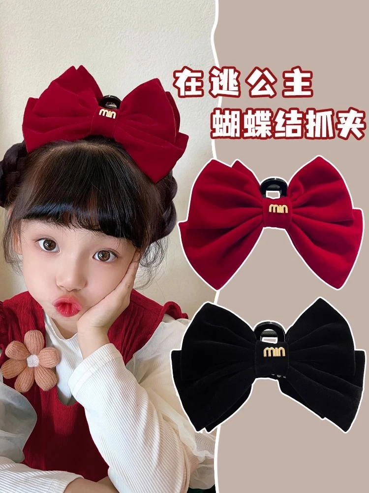 在逃公主抓夹儿童蝴蝶结发夹头饰小女孩女童后脑勺红丝绒发卡发饰