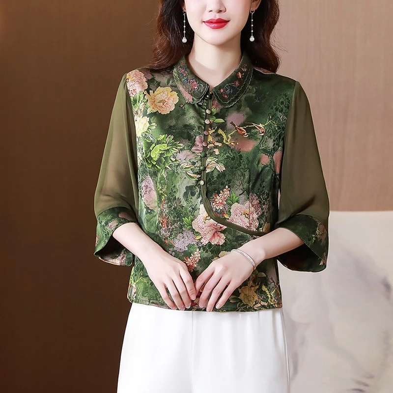 仿真丝中老年女装妈妈装香云纱七分袖新款绣花宽松上衣春夏秋款