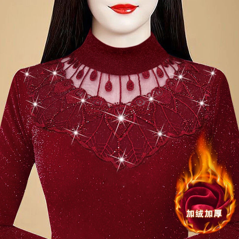 冬季保暖内衣加绒加厚女士百搭大码防寒外穿半高领蕾丝打底衫上衣