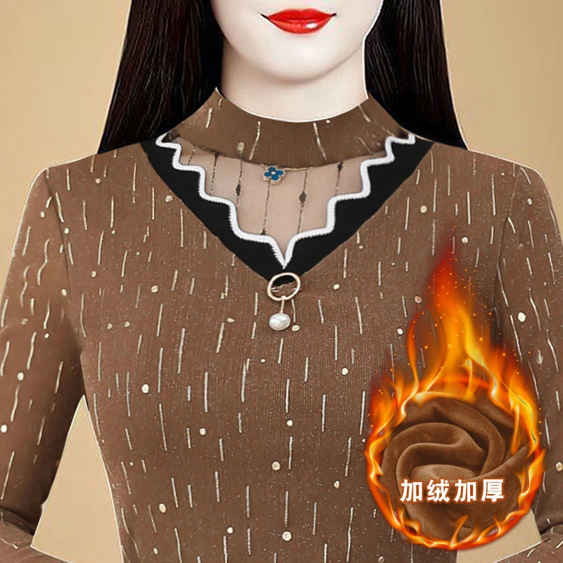 中年保暖内衣女加厚加绒妈妈长袖秋冬时尚百搭洋气蕾丝打底衫上衣
