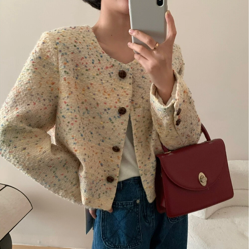 915复古气质彩色小香风外套女秋季高级感宽松百搭短款粗花呢上衣
