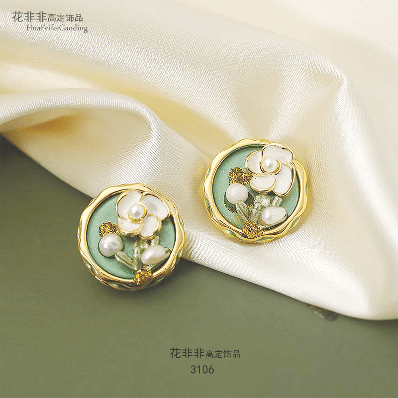 铜合金仿珍珠耳饰 3106莫奈花园油画风复古耳钉