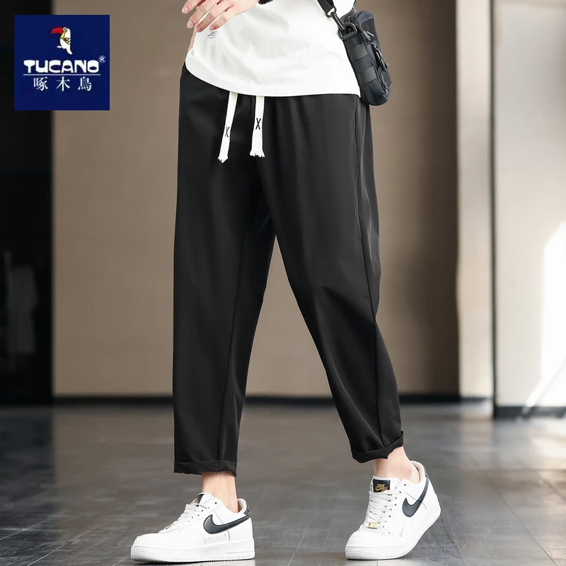 啄木鸟男士夏季速干薄款宽松直筒阔腿冰丝裤子男生运动休闲九分裤