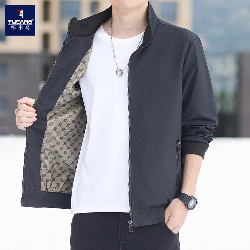 啄木鸟秋冬新款立领加绒加厚夹克男士商务休闲百搭修身男外套上衣