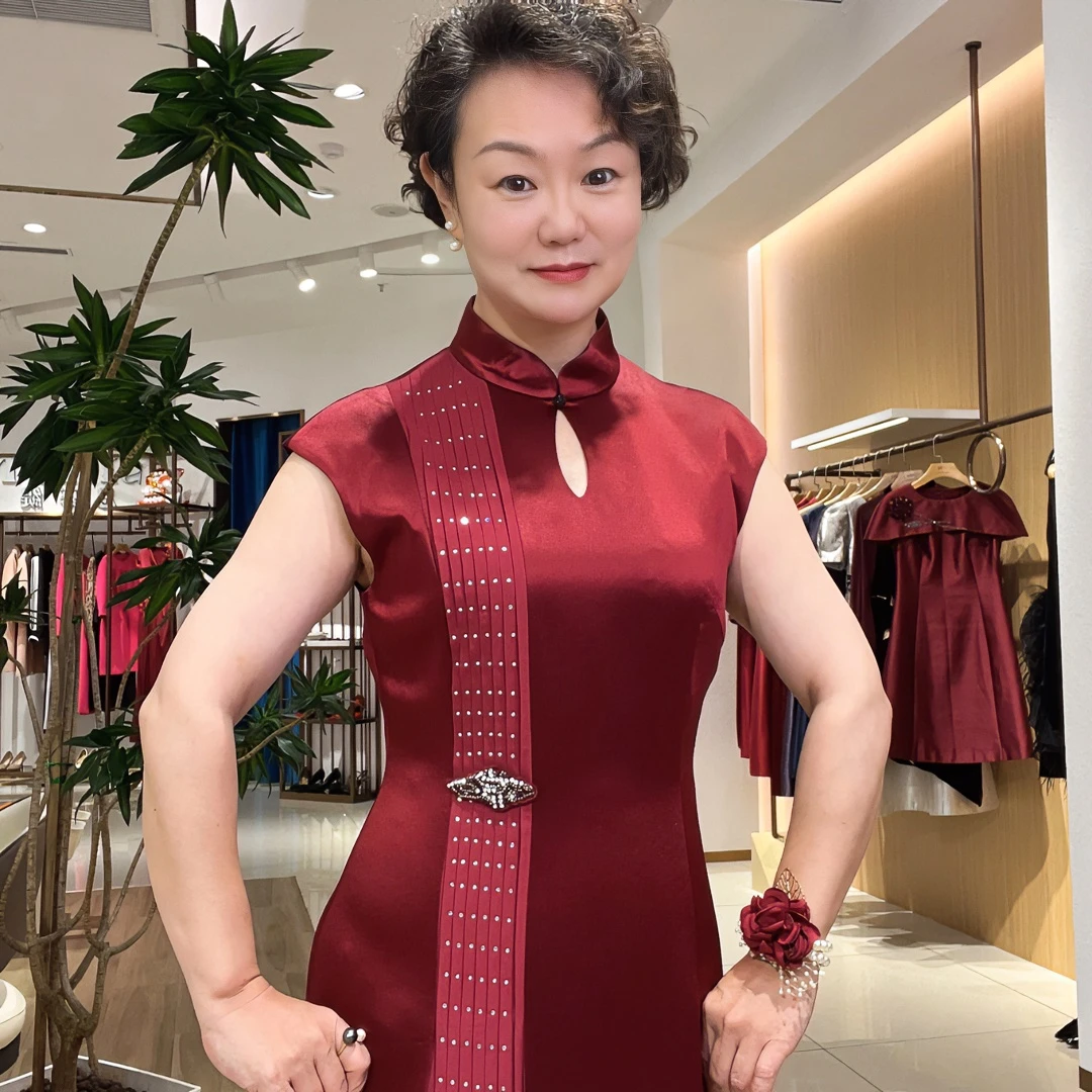 中国风修身经典长款旗袍酒红色无袖气质优雅