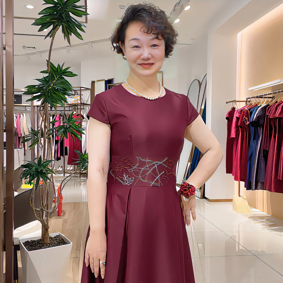 宽腰封圆领显瘦气质酒红色中长款礼服夏季蕾丝老年红礼服百搭女士