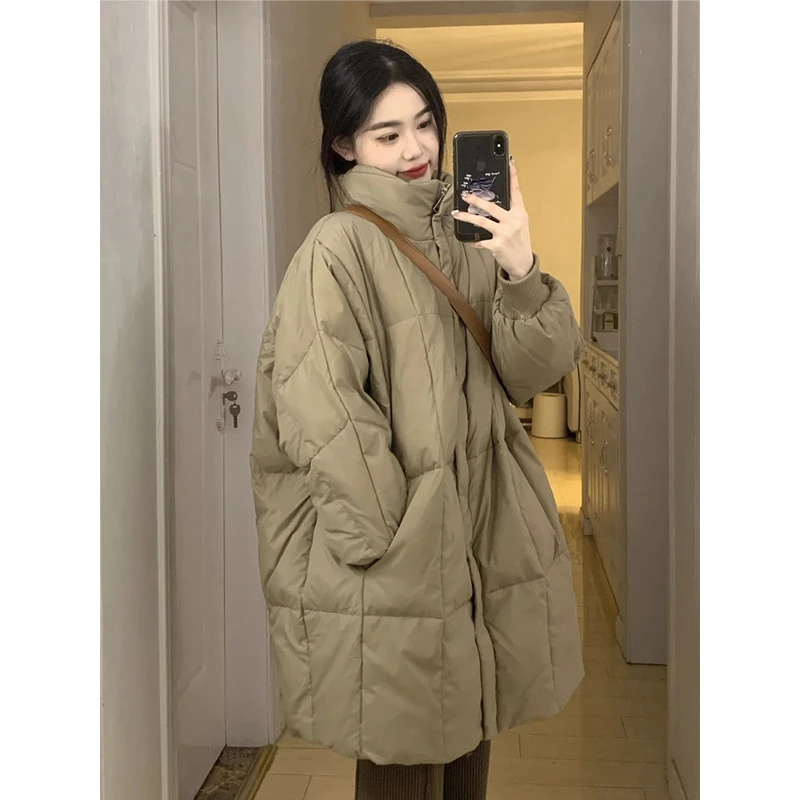 卡其色立领羽绒棉服女冬季新款美拉德穿搭中长款加厚棉衣棉袄外套