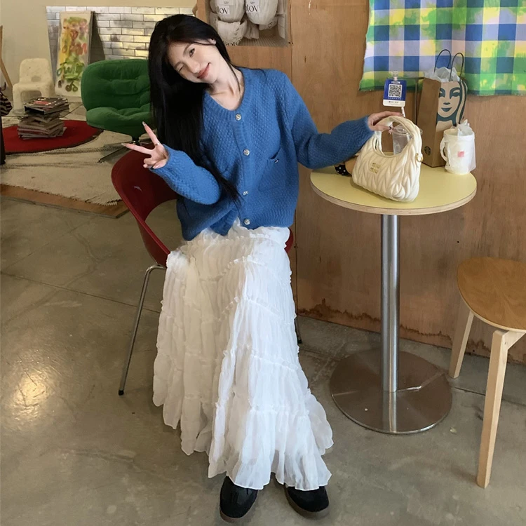 小香风设计感针织衫女复古蓝慵懒风纯色圆领长袖短款开衫毛衣外套