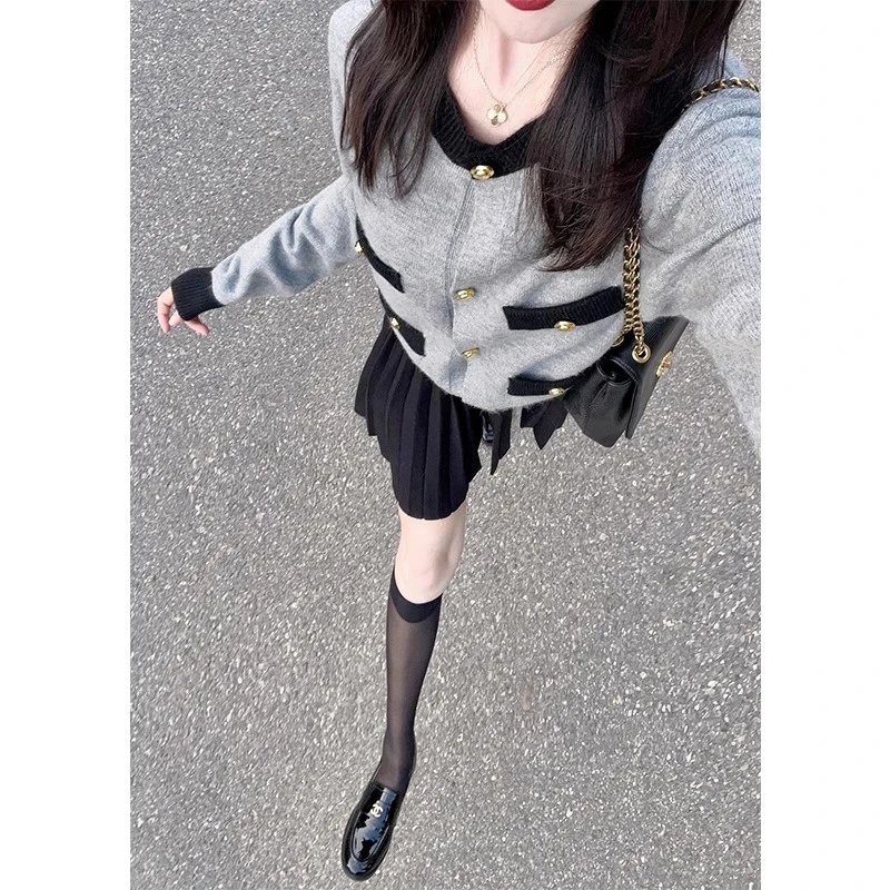 法式小香风复古气质套装女秋季小个子灰色长袖针织开衫百褶半身裙